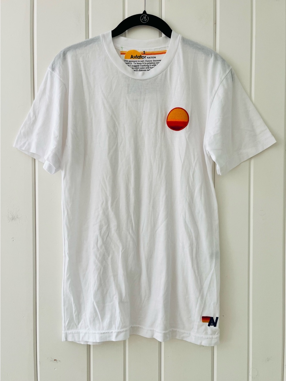 Aviator Nation White Boyfriend Tee with Orange and Red Sunset Patch, Sz S